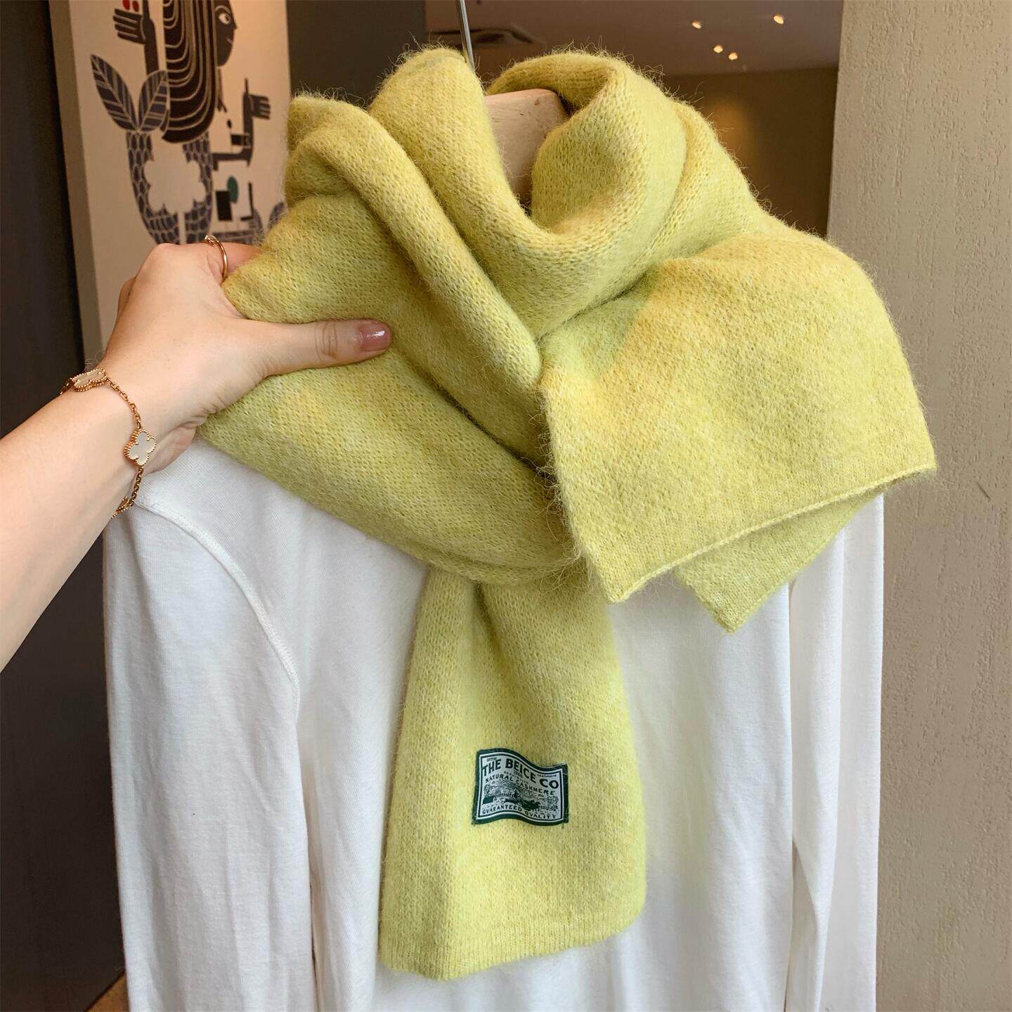 出口韩国~柠檬黄软糯含羊毛针织围巾女冬季百搭学生加厚保暖围脖