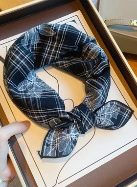 高级黑色花朵格子棉麻小方巾女春秋季百搭薄款小丝巾装饰领巾发带