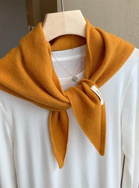 出口韩国~奶橘色100%羊毛小围巾女秋冬季百搭保暖三角巾披肩围脖