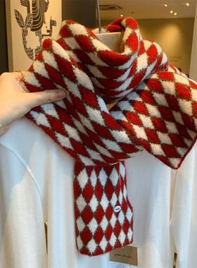复古风红色菱格羊毛混纺针织围巾女冬季百搭韩版加厚保暖毛线围脖