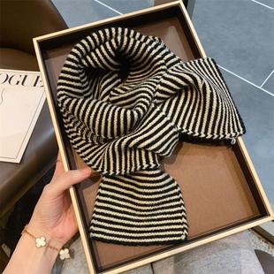 ins韩系黑白条纹长款针织小围巾女冬季韩版百搭学生情侣毛线围脖