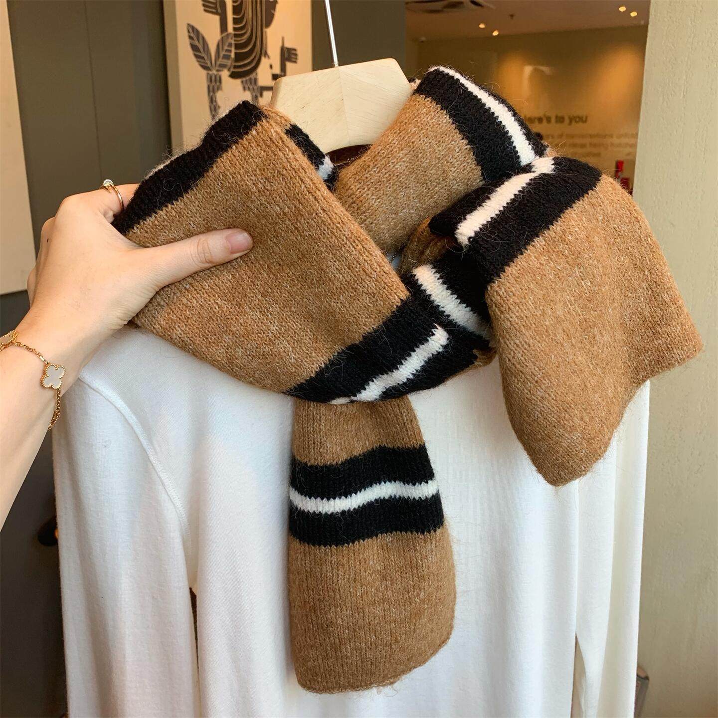 韩国款复古撞色条纹羊毛混纺针织围巾女冬季百搭学生情侣保暖围脖