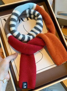 韩国款撞色细窄长条小围巾女秋冬季韩版百搭装饰针织小领巾飘带潮