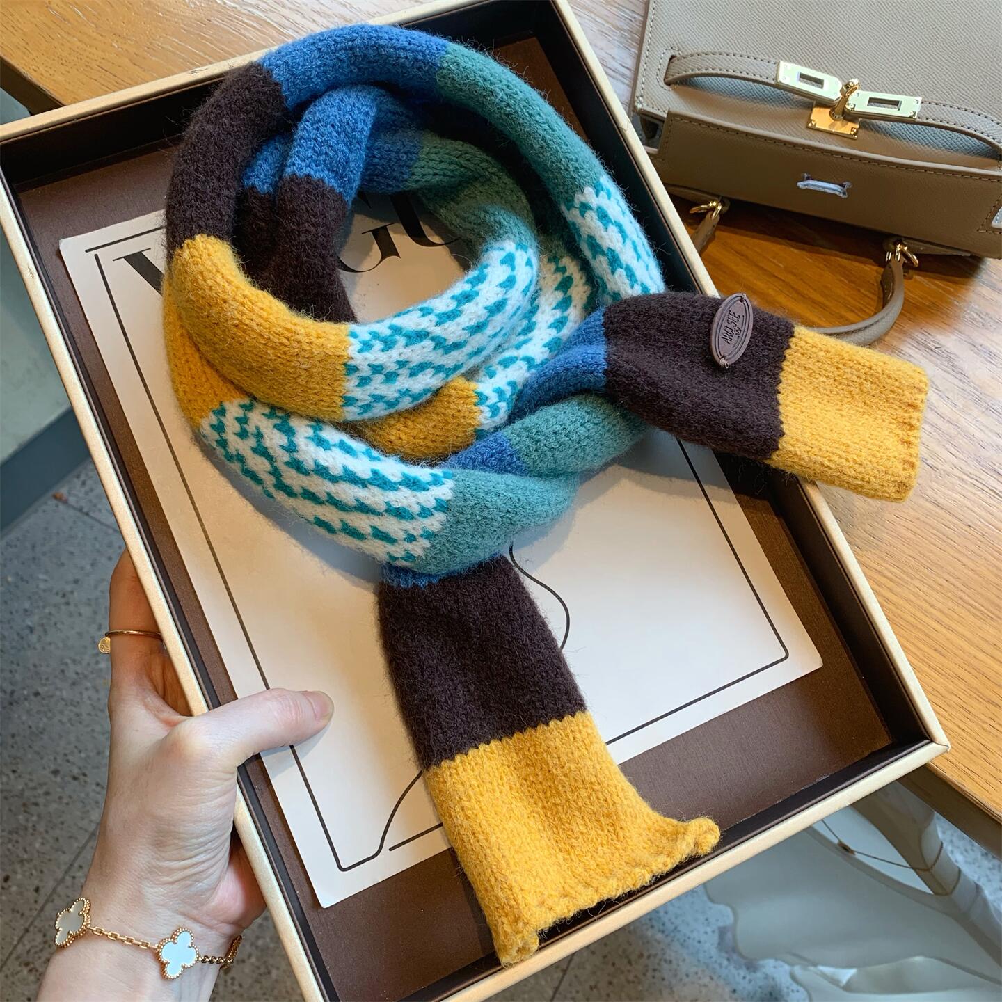 韩国款撞色长条针织围巾女秋冬季