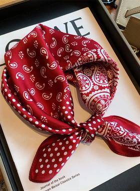 韩版红色波点100%桑蚕丝丝巾女春秋季百搭真丝小方巾装饰领巾围巾