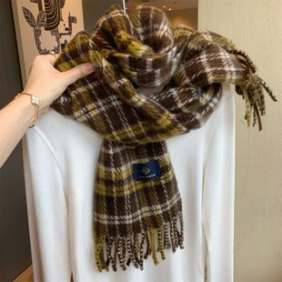 百搭学生加厚保暖围脖 新款 韩国款 复古咖绿格子羊毛混纺围巾女冬季