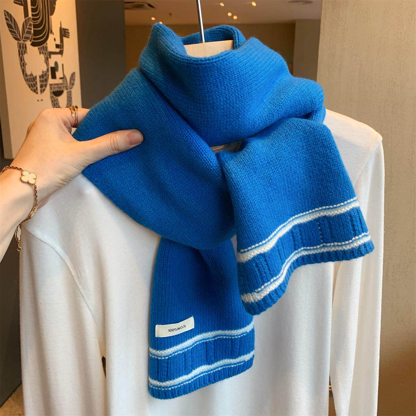 出口韩国显白蓝色100%澳洲纯羊毛针织围巾女冬季百搭学生保暖围脖
