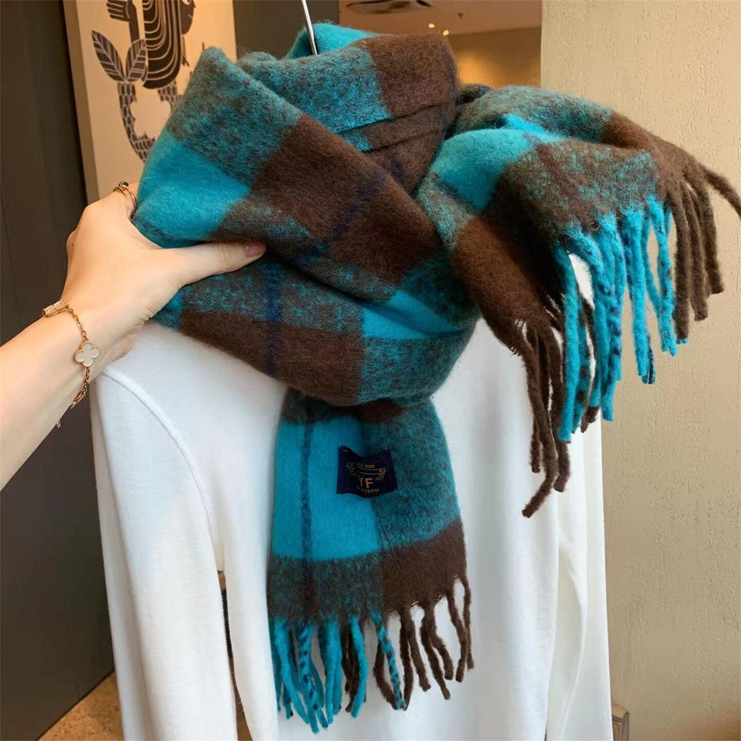 韩国原单~蓝咖格子仿羊绒围巾女秋冬季韩版百搭学生加厚保暖围脖