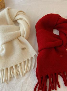 安可拉红色100%全羊毛针织围巾女冬季百搭学生情侣保暖羊绒围脖潮