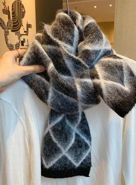 韩国款黑色菱形格子含羊毛针织围巾女冬季百搭情侣加厚保暖围脖潮