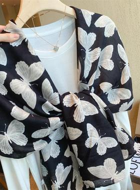 高级黑色蝴蝶棉麻围巾女春秋薄款防晒旅游丝巾海边度假披肩沙滩巾