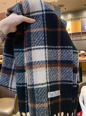 高级黑色格子仿羊绒围巾女冬季韩版百搭学生情侣加厚保暖围脖男潮