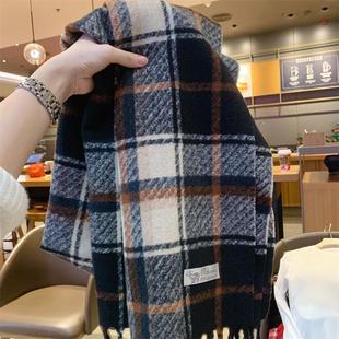 高级黑色格子仿羊绒围巾女冬季韩版百搭学生情侣加厚保暖围脖男潮