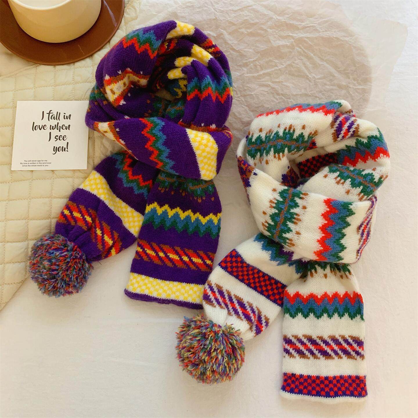 韩系撞色球球针织小围巾女秋冬季百搭学生情侣保暖长款毛线围脖潮