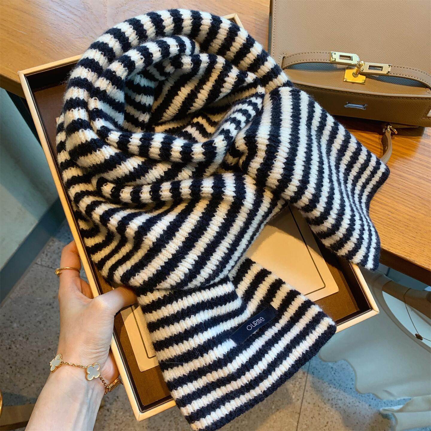 韩国原单~黑色条纹羊毛混纺针织围巾女冬季百搭学生情侣保暖围脖