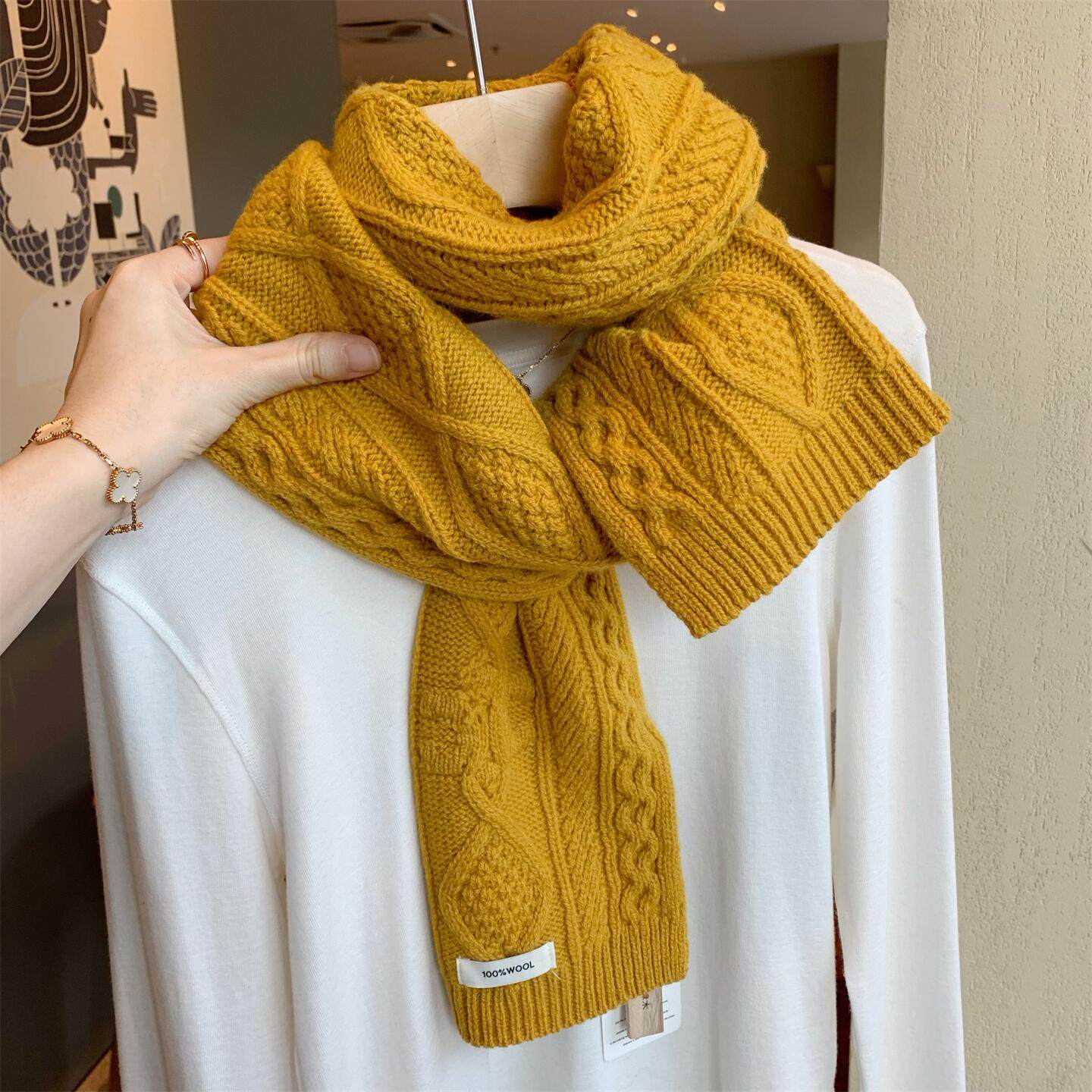 韩国款姜黄色麻花100%澳洲纯羊毛针织围巾女冬季百搭加厚保暖围脖