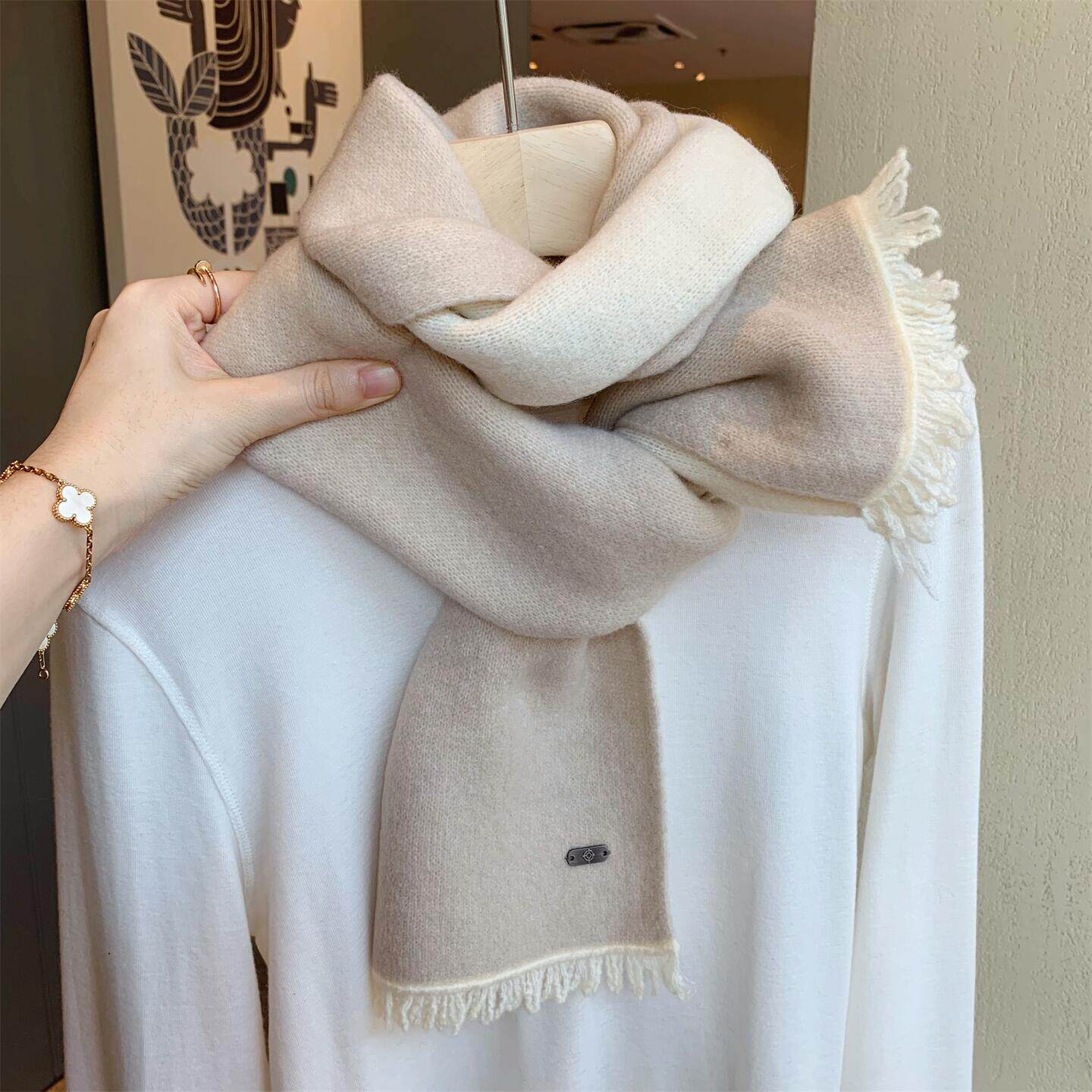 韩国原单~双面流苏羊毛混纺针织围巾女冬季百搭学生加厚保暖围脖
