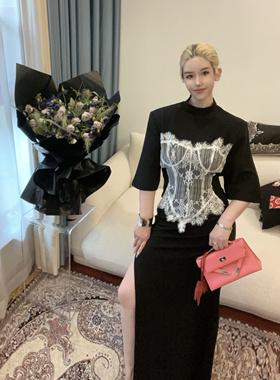 设计师KUN家正品25春夏侧开叉立体蕾丝连衣裙显瘦洋气