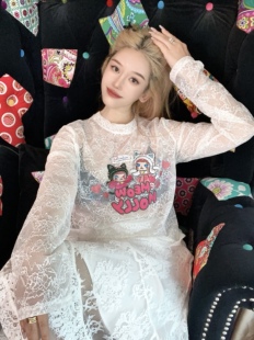 设计师ansonono漫画家烫彩钻labubu蕾丝衫打底衫长袖上衣