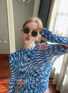 设计师nonhuman蚂蚁25春夏蓝色旋转格子弹力网纱皮肤衣打底衫防晒