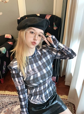 设计师LJ25秋冬新品格子字母l千金学院风弹力网纱皮肤衣打底衫