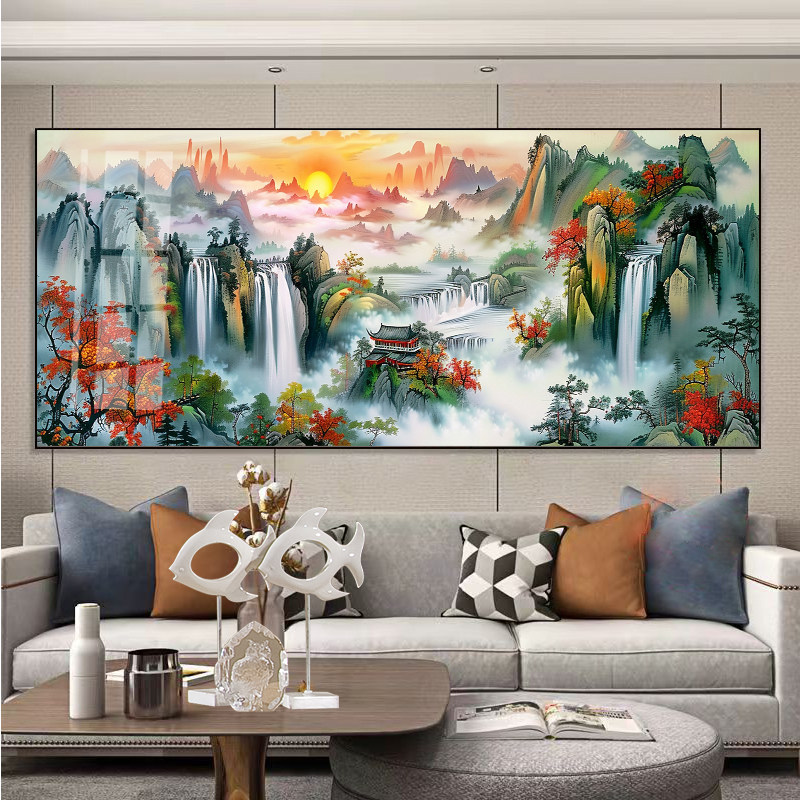 流水生财旭日东升十字绣钻石画2025新款客厅横版精准印花满绣