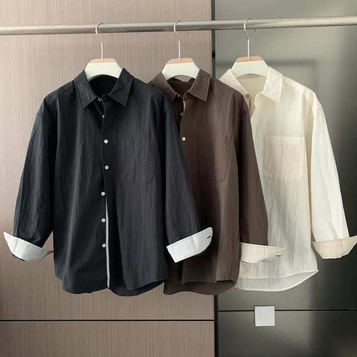 小北韩国代购男装东大门纯色衬衫翻领单口袋休闲宽松圆弧后摆长袖