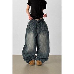 韩国牛仔裤 balloon 情侣stripe denim banding washed 东大门代购