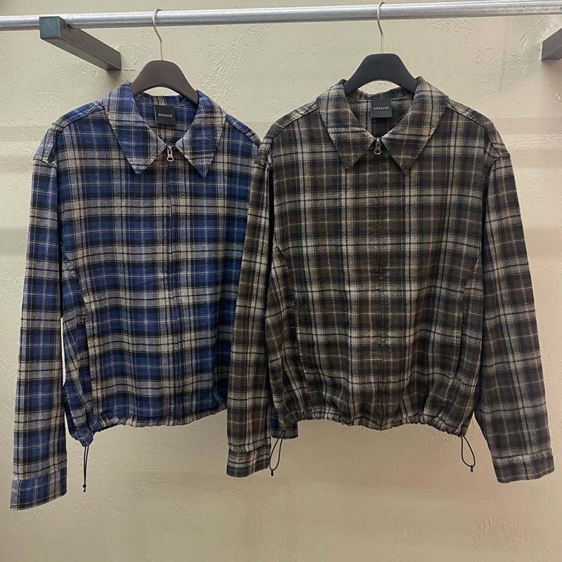 小北韩国代购男装东大门夹克混色格子翻领拉链开襟可收腰抽绳外套