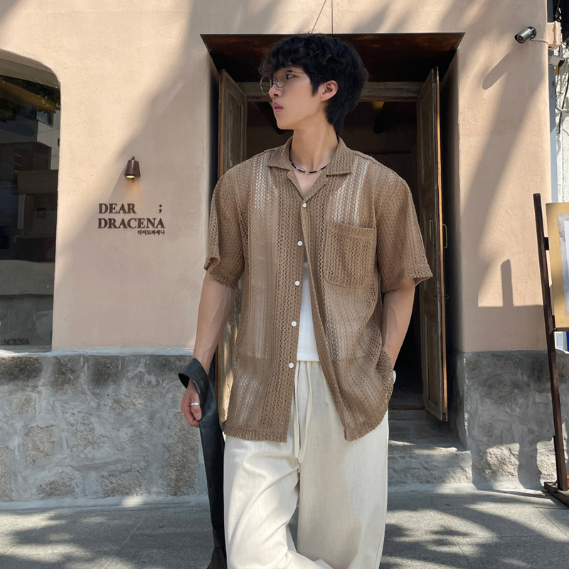 韩国东大门代购男装短袖衬衫镂空设计师透视轻熟风防晒休闲衬衣夏