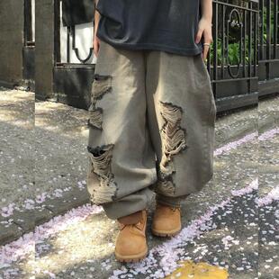 韩国东大门代购男装牛仔裤男女同款街头泛黄复古水洗色拉丝破洞裤