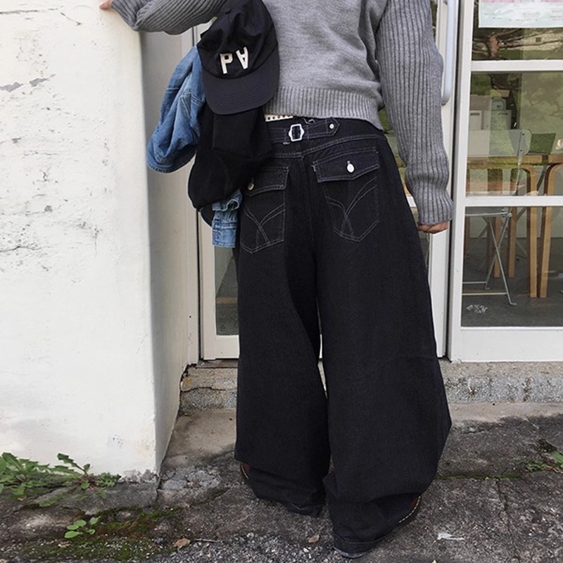 小北韩国代购男装东大门牛仔裤明线设计阔腿弧形百搭潮流长裤