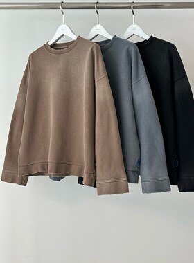 小北韩国代购大码男装东大门PURE小蓝色水洗做旧长袖卫衣春装套头