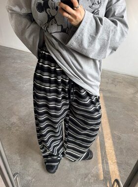 小北韩国代购男装东大门休闲裤VOTUS松紧腰撞色横条纹经典情侣