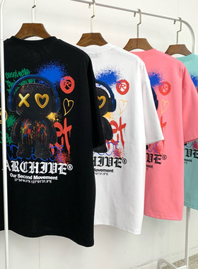 小北韩国代购男装东大门2ND可爱潮牌减龄涂鸦花朵小熊短袖T恤夏季