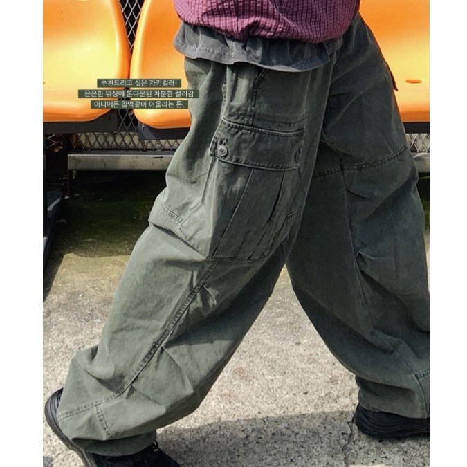 小北韩国代购男装东大门工装复古色水洗松紧腰围口袋休闲裤男裤