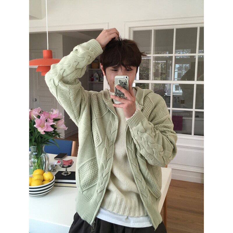 小北韩国代购男装东大门连帽针织开衫休闲慵懒立体麻花菱形毛衣