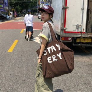 小北韩国男装代购东大门手提包帆布字母刺绣大容量百搭日常通勤