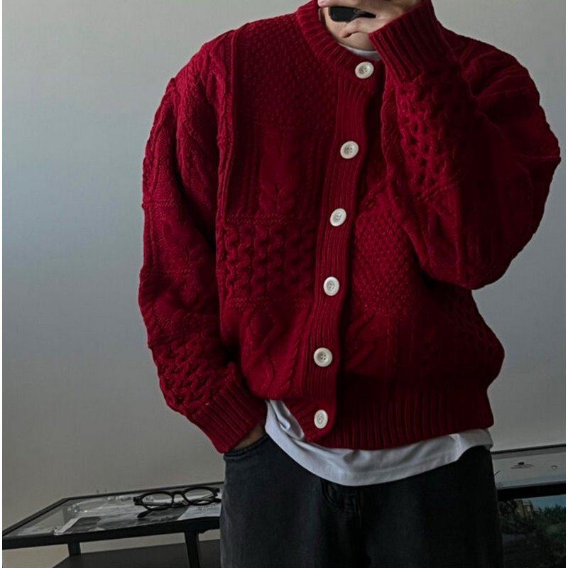 小北韩国代购男装东大门针织开衫圆领纯色系扣立体麻花纹理毛衣