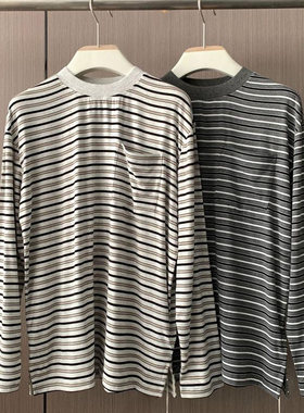 小北韩国代购男装东大门长袖T恤SIGNIGT单口袋条纹宽松套头百搭
