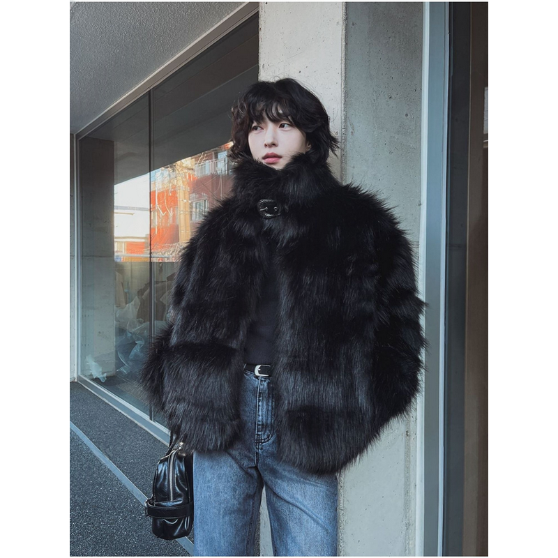 小北韩国代购男装东大门仿皮草夹克立领毛绒男女同款时尚高品外套