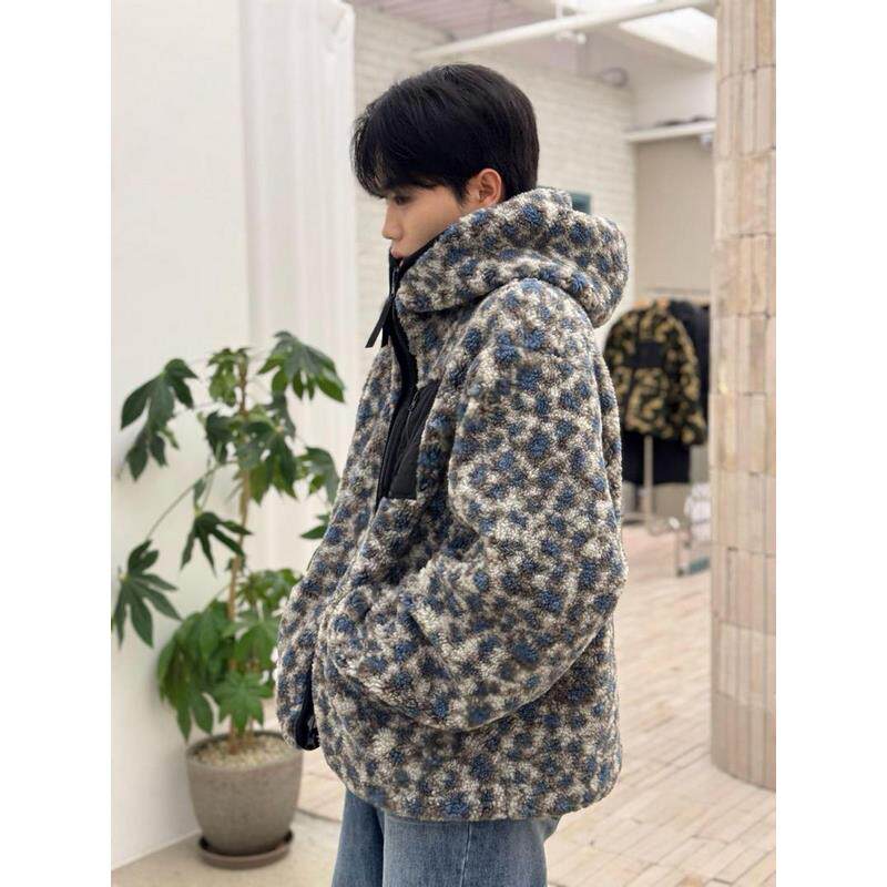 小北韩国男装代购东大门高街潮搭时尚拉扣口袋毛绒迷彩夹克外套