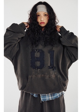 韩国男装代购东大门连帽卫衣帽衫秋UNUSED LAB刺绣数字81复古做旧