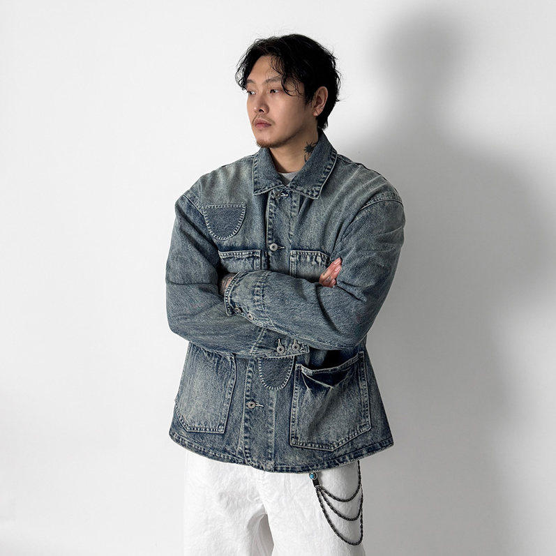 小北韩国代购男装东大门做旧复古印花口袋潮牌宽松夹克外套春装