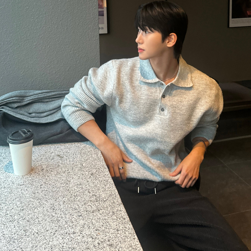 小北韩国代购男装东大门针织衫坑条纹半开翻领轻熟风多色毛衣