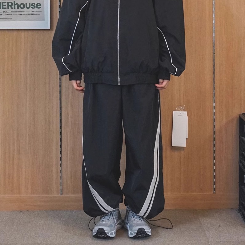 小北韩国代购男装东大门休闲裤尼龙可束脚拼色线条男女同款运动裤
