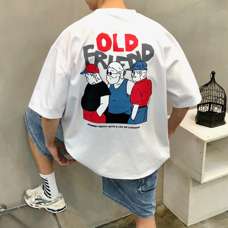 小北韩国代购男装东大门短袖T恤漫画人物印花圆领宽松减龄个性ins