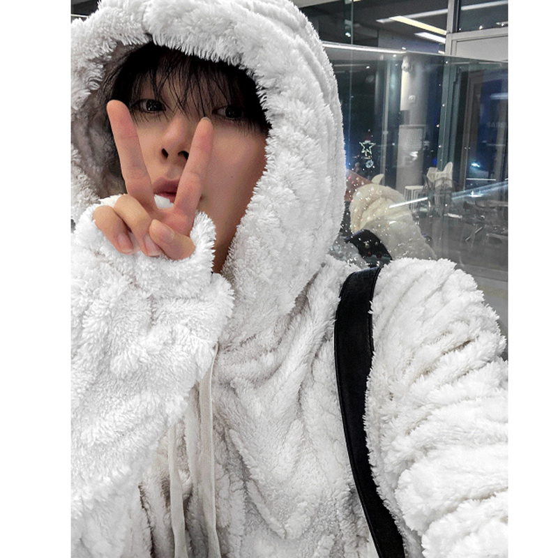 小北韩国代购男装东大门连帽夹克立体麻花纹理纯色毛绒慵懒风帽衫