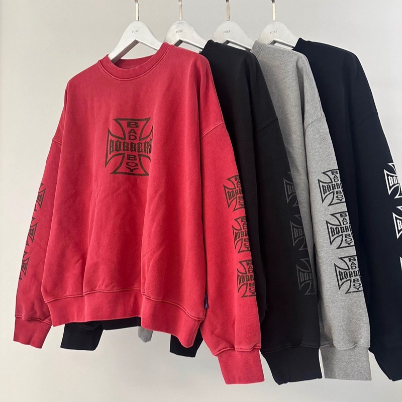 小北韩国代购男装东大门圆领卫衣做旧十字架字母印花宽松潮牌上衣