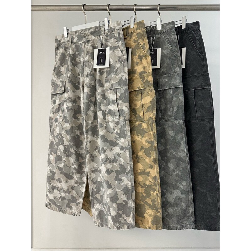 小北韩国代购男装东大门休闲裤迷彩直筒阔腿潮搭立体工装风口袋